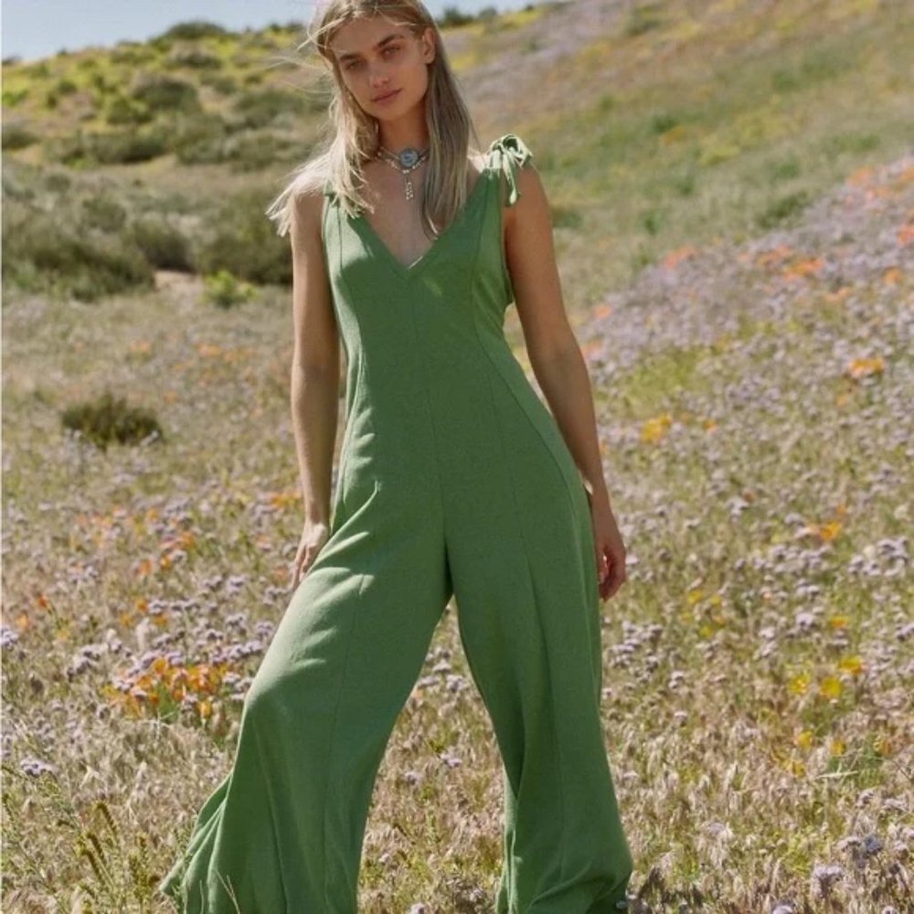 NEW Free People Beach Alice Shoulder Tie Wide Leg One Piece Jumpsuit Green